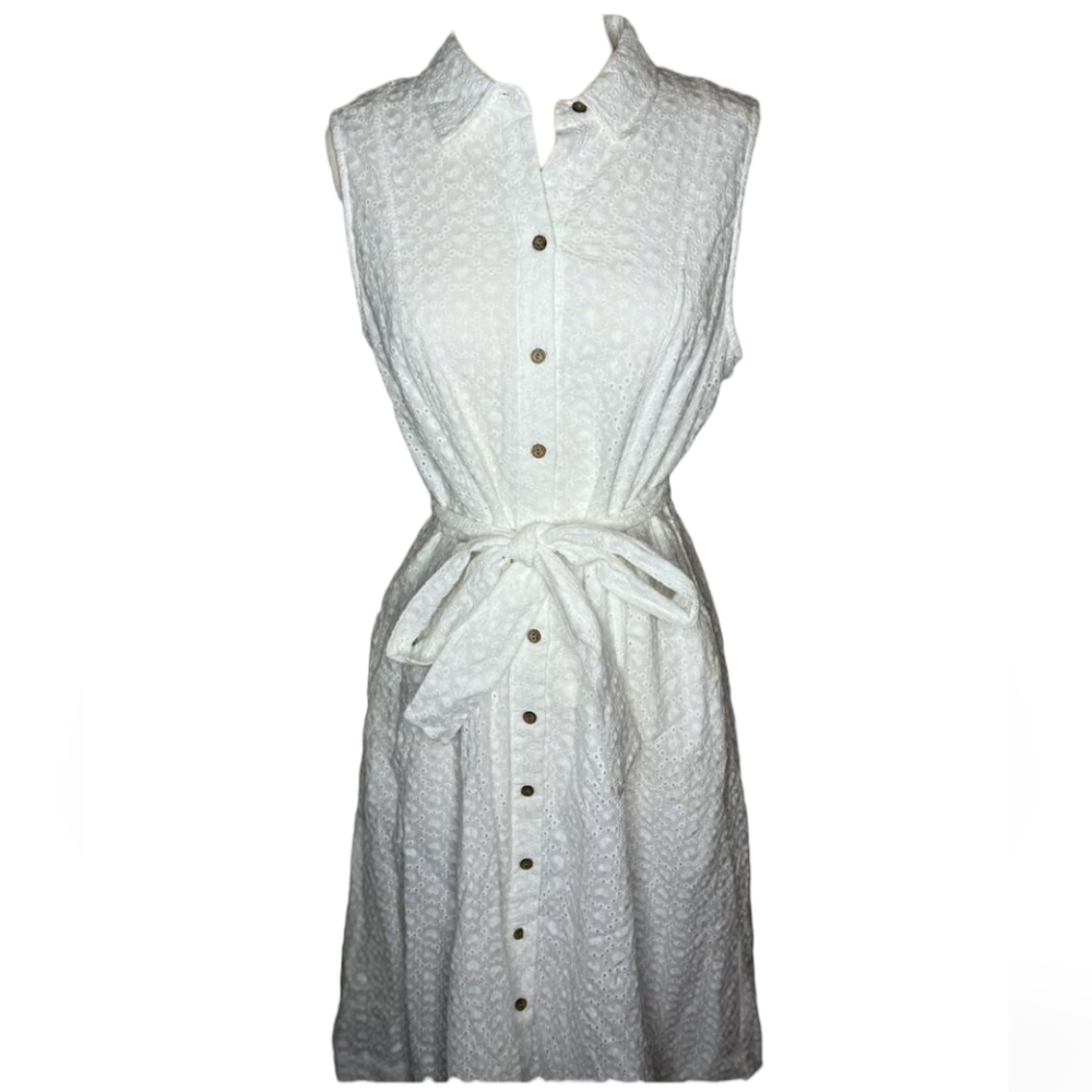 Anne Klein White Eyelet Embroidery, Button Up, Midi Dress Size 4